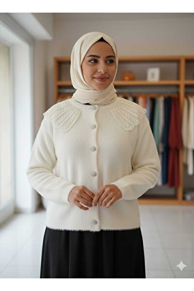 QUAWEAR Angora Cardigan with Lace Collar Detail and Stone Metal Buttoned Skirt Top