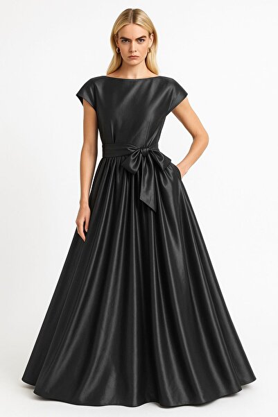 ALYEL NAKER T-Kol Detaylı Maxi Boy Antrasit Gri Tafta Maxi Gömlek Elbise