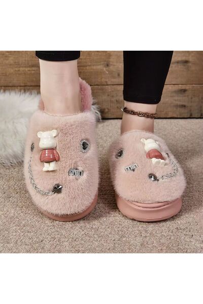 OEM Plush slippers with teddy bear, fluffy hat and decorative chain – women's slippers