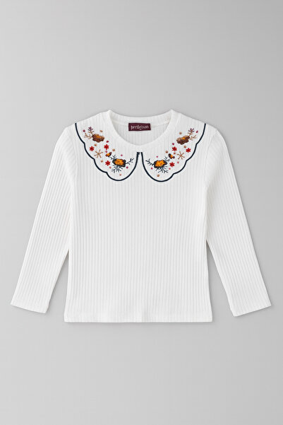 mini kanka Girls' Embroidered Collar Detail Long Sleeve Ribbed Flare Blouse and Black Pants Set 4-12 Years