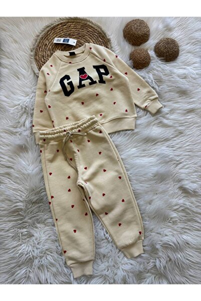 NOBLEKIDS Kalp Printed Cream Girl's Set – Sweatshirt & Jogger Bottom, Ages 2–8