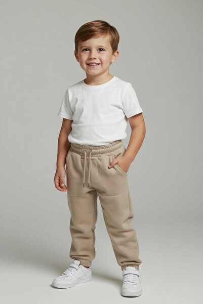 Hirazenmoda Unisex Children's Basic 3 Thread Fleece-Lined Thick Jogger Sweatpants with Elasticated Legs