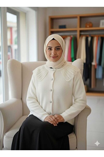 QUAWEAR Angora Cardigan with Lace Collar Detail and Stone Metal Buttoned Skirt Top