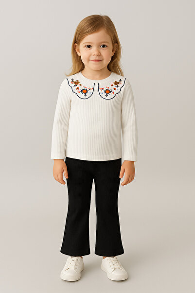 mini kanka Girls' Embroidered Collar Detail Long Sleeve Ribbed Flare Blouse and Black Pants Set 4-12 Years
