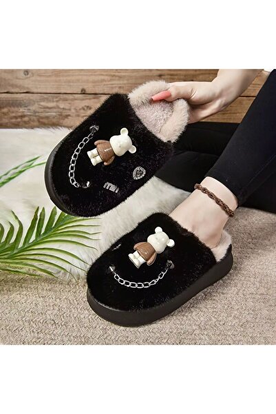 OEM Plush slippers with teddy bear, fluffy lining and decorative chain - women's slippers