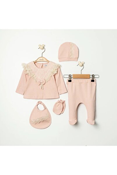 MİNİBORN Cotton Lace Detailed Bowknot 5-Piece Baby Girl Hospital Discharge Set