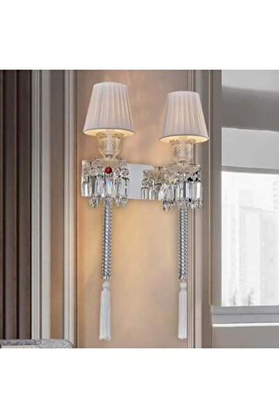 GENERAL مصباح حائط فضي فاخر مع قاعدة من الكريستال وأغطية مصابيح من القماش