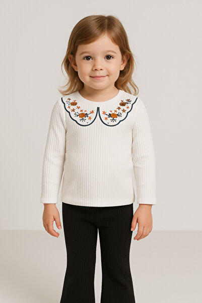 mini kanka Girls' Embroidered Collar Detail Long Sleeve Ribbed Flare Blouse and Black Pants Set 4-12 Years