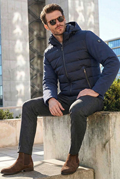 NAZEF Slim Fit Detachable Hooded Winter Navy Blue Thick Coat