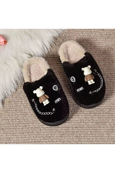 OEM Plush slippers with teddy bear, fluffy lining and decorative chain - women's slippers