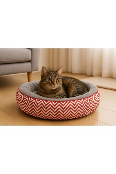 OEM Oval cat bed, soft, washable, red with Chevron pattern, L, 45x26 cm