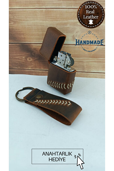cgderi El Yapımı Hakiki Deri Benzinli Çakmak Anahtarlık Hediyeli