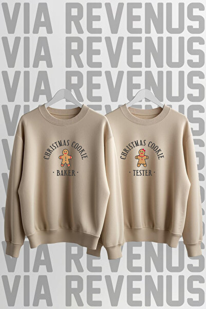 Vordevia Christmas Cookie New Year Christmas Printed Crew Neck 3 Thread Ş Fleece-Lined Lover Combination Sweatshirt