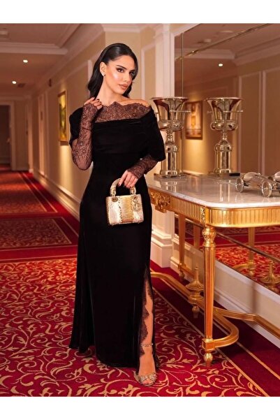 Loren فستان مخمل راقي دانتيل بني