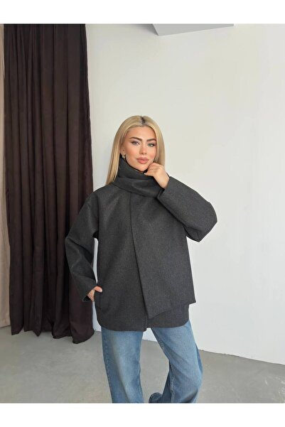 Narstorm Women's Gray Shawl Collar Detailed Premium Cashmere Coat