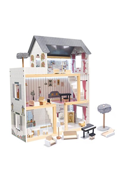 SOLTOY Wooden dollhouse, quality, painted, non-toxic, LED lighting, Doll Villa on Grey, 78 cm.