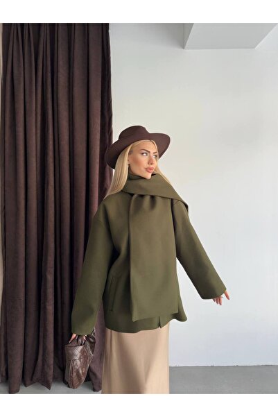 Narstorm Women's Khaki Shawl Collar Detailed Premium Cashmere Coat