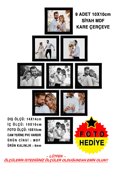 YEDİART 9 Adet 10x10 Çerçeve - Mdf Çerçeve - Fotoğraf Çerçevesi - Kare Çerçev...