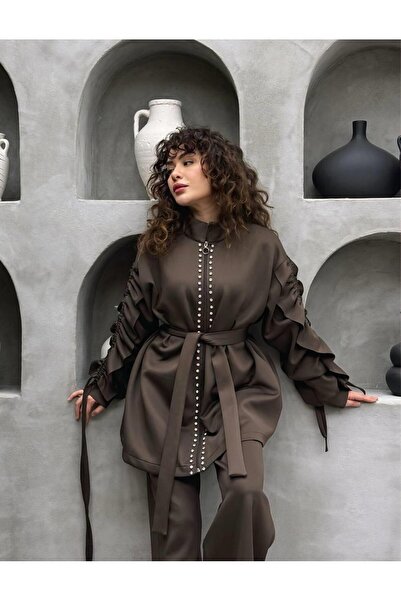 Cardella Stone-Embellished Premium Scuba Fabric Pants with Flared Sleeves Detailed Two-Piece Set