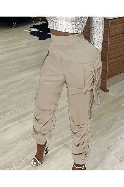 buğrahayalin Women's High Waist Elastic Waist Cargo Pocket Detailed Gabardine Trousers