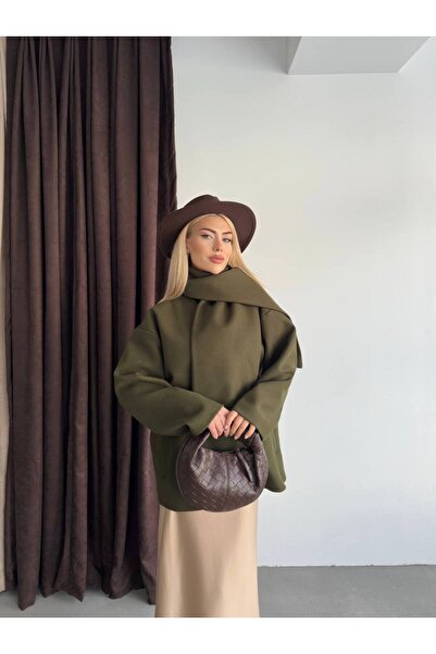 Narstorm Women's Khaki Shawl Collar Detailed Premium Cashmere Coat