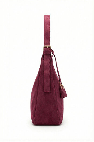 KISCHE Women's Shoulder Bag Suede Burgundy Casual Lined Zippered Adjustable Charmlı Women's Bag Lisa
