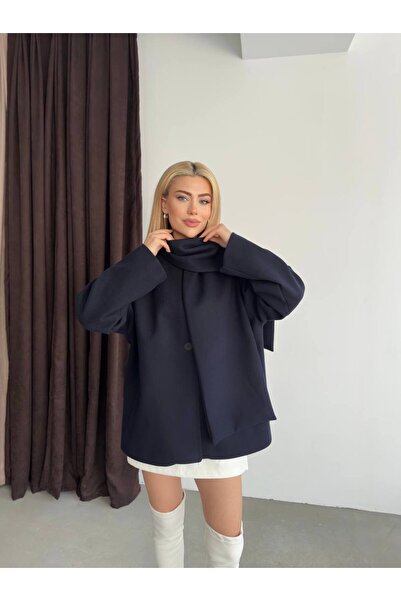 Narstorm Women's Dark Blue Shawl Collar Detailed Premium Cashmere Coat