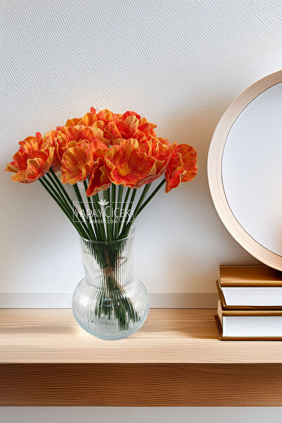 Yapay Çiçek Deposu Yapay Çiçek 8’li Islak Dağ Gelinciği Demeti 33 cm Turuncu