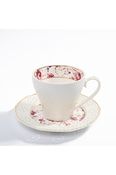 Malooki Set of 6 Porcelain Cups with Floral Pattern and Gold Accents, 150 ml