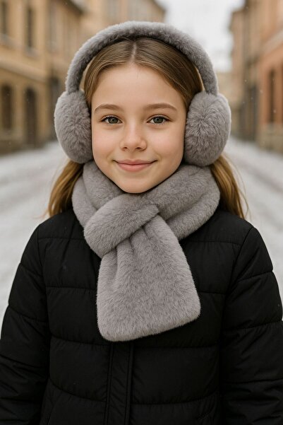 MARBERRY Gray Soft Textured Plush Girls' Headphones and Neckband Set of 2