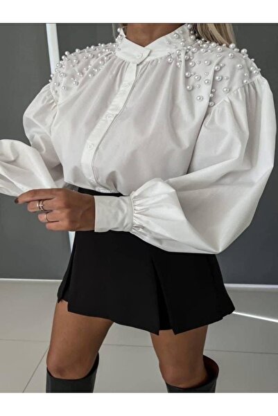 OEM Sheer shirt with decorative pearls on the shoulders - Relaxed cut