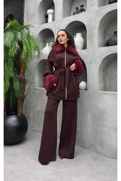 Cardella Premium Fur Detailed Scuba Fabric Hijab Two-Piece Set – Stylish Combination with Pants