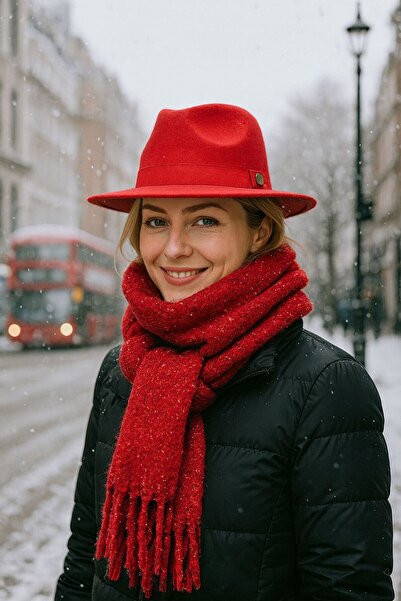 BALIENTE Red Boucle Glitter Tassel Scarf and Felt Fedora Hat Set of 2