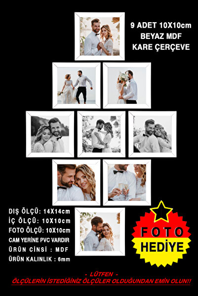 YEDİART 9 Adet 10x10 Çerçeve - Mdf Çerçeve - Fotoğraf Çerçevesi - Kare Çerçev...