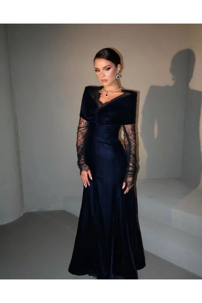 Loren فستان مخمل راقي دانتيل كحلي كم طويل