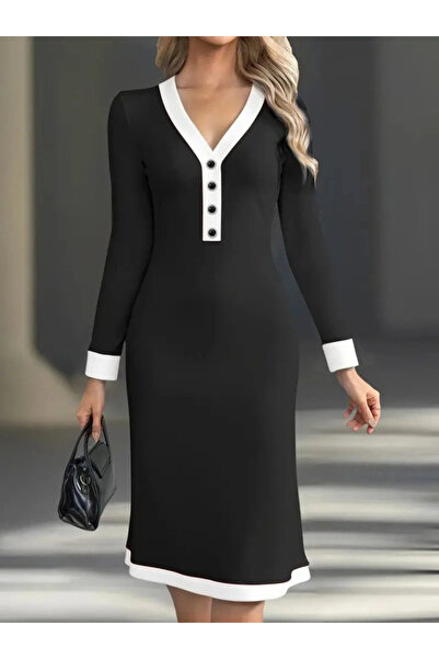 BÜŞRA TEZEL MODA Mdb Women's Long Sleeve V Neck Buttoned Midi Modal Dress