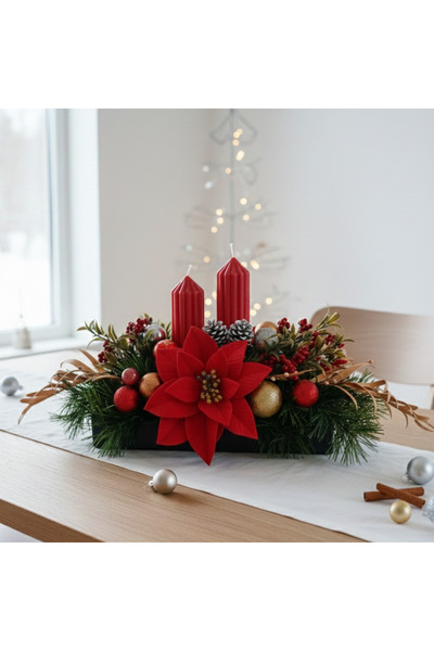 LUNİVAA HOME Dekoratif 2 li Kırmızı Mumlu, Tabaklı Yılbaşı Dekorasyon Aranjmanı