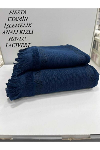 Üstünel Tekstil Etamin and Kanavi̇çe Embroidered Anali Girl's Towel. Embroidered Small Large Navy Blue Color Towel