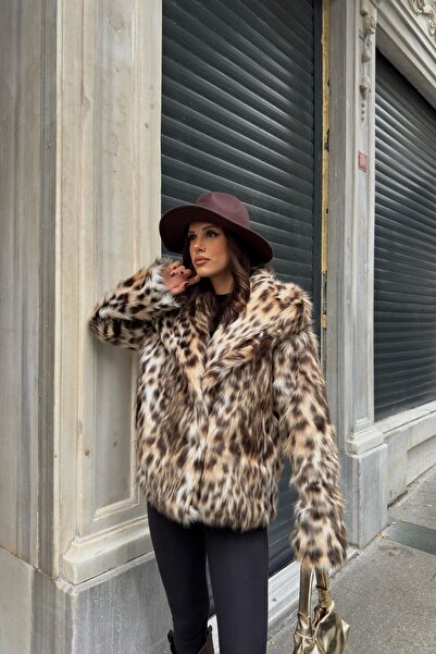 SHILSEE BEUTİQUE Women's Shawl with Leopard Print with Fence Closure Premium K Faux Fur Coat Brown
