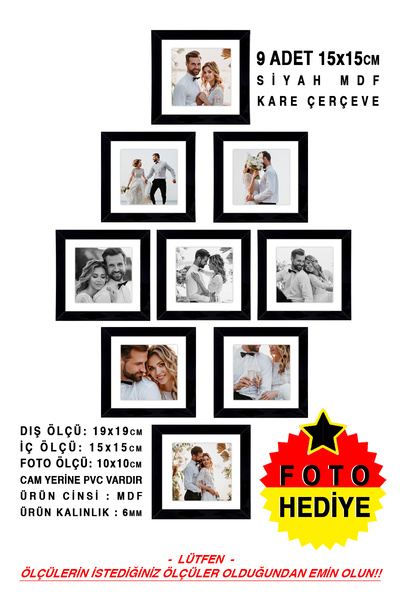 Me you 9 Adet 15x15 Çerçeve - Mdf Çerçeve - Fotoğraf Çerçevesi - Kare Çerçeve...