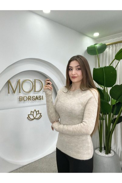 MODA BORSASI Women's Thin Knit Light Beige Long Sleeve L Stretch Fabric Soft Knitwear Sweater-Badi