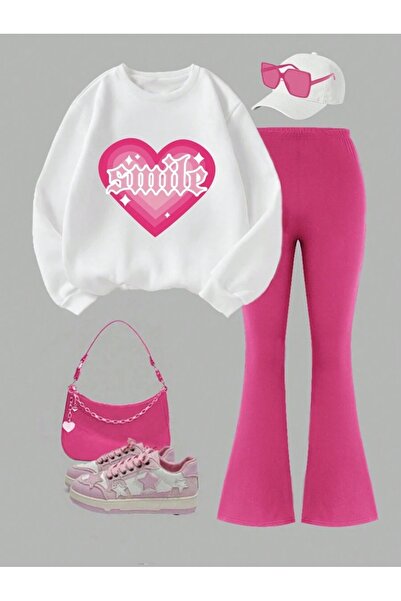 buendiakids Girl's White-Pink Smile Heart Printed Crew Neck- Flared Pants Tra...