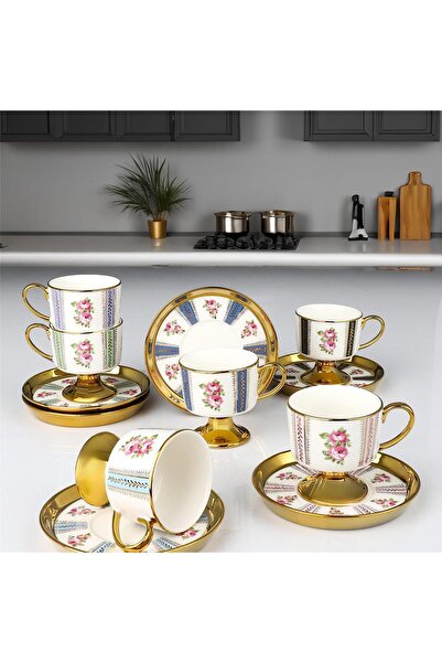 Kosova Züccaciye طقم فناجين قهوة تركية من البورسلين المطلي بالذهب من كوسوفا لـ 6 أشخاص - 90 مل بنقش زهور