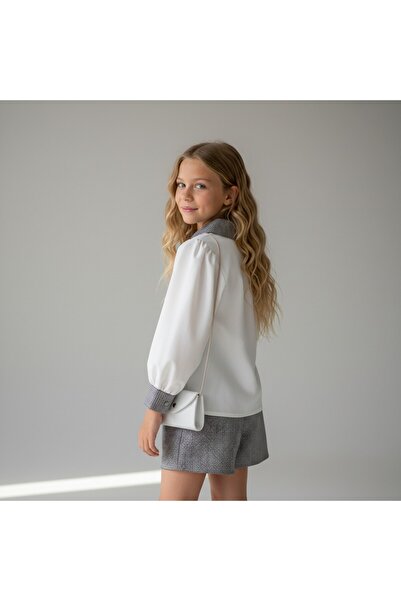 FESSHERA KİDS Girls' Suit Collared Long Sleeve Shirt and Button Detailed Textured Shorts Skirt Two-Piece Set
