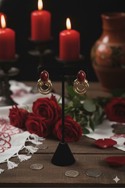 Dorvina Brass Gold Color Vintage Women's Earrings with Burgundy Stone, Does Not Tarnish |   Stylish and Durable Jewelry, Accessory