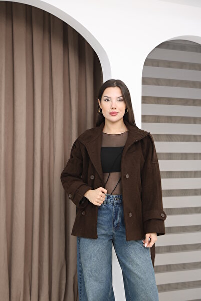 Leo Ferre Brown New Trend Women's Winter Cashmere Mock Neck Front Buttoned Belted Epaulette Coat.