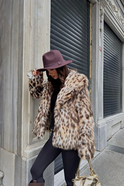 SHILSEE BEUTİQUE Women's Shawl with Leopard Print with Fence Closure Premium K Faux Fur Coat Brown