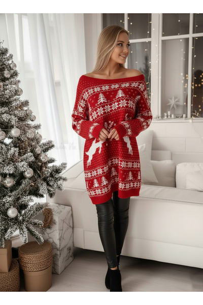 SEVİM TRİKO Women's Red Color Christmas Themed Deer Patterned Snowflake Knitwear Tunic