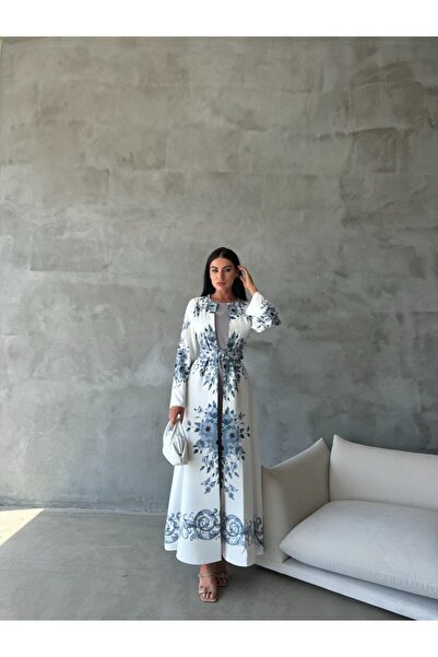 WellWay Atlas Fabric Floral Patterned Crew Neck Patch Detail Gray Dress (Belt Included)-42127