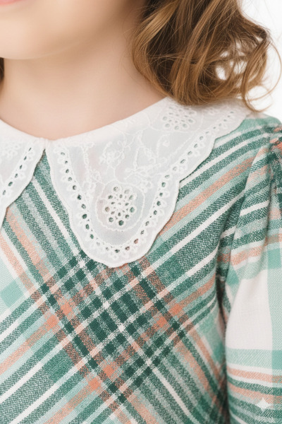 warba Plaid Pleated Children's Dress with Lace Collar